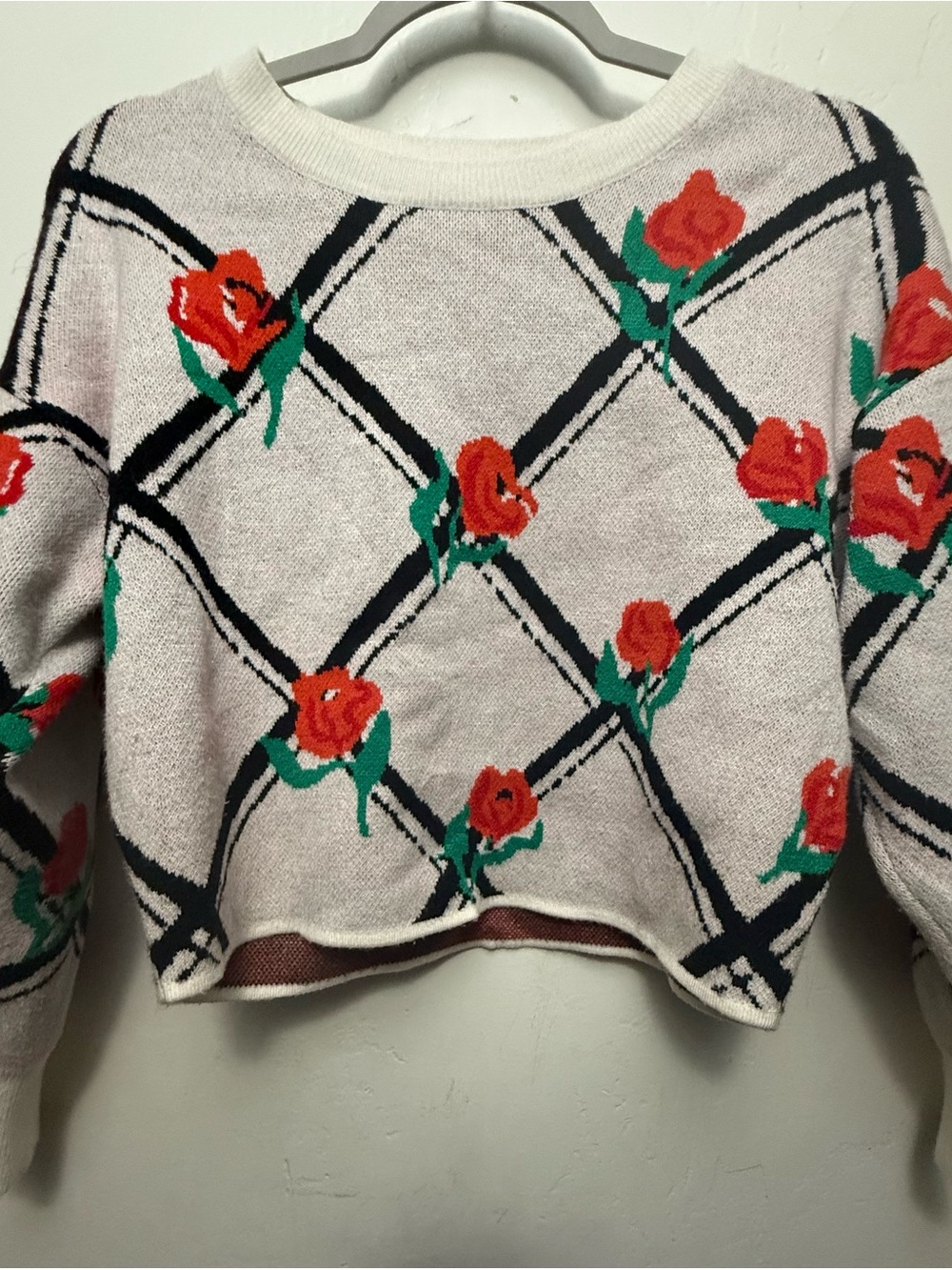 Maeve - Trellis Rose Floral Pullover Crewneck Cropped Sweater